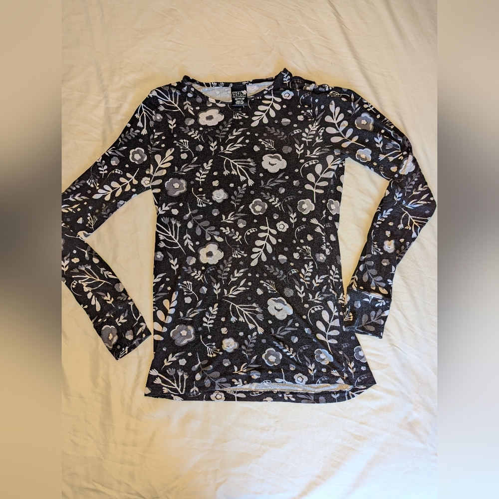 Floral Black and White Women's Long Sleeve Tee For Under Scrubs